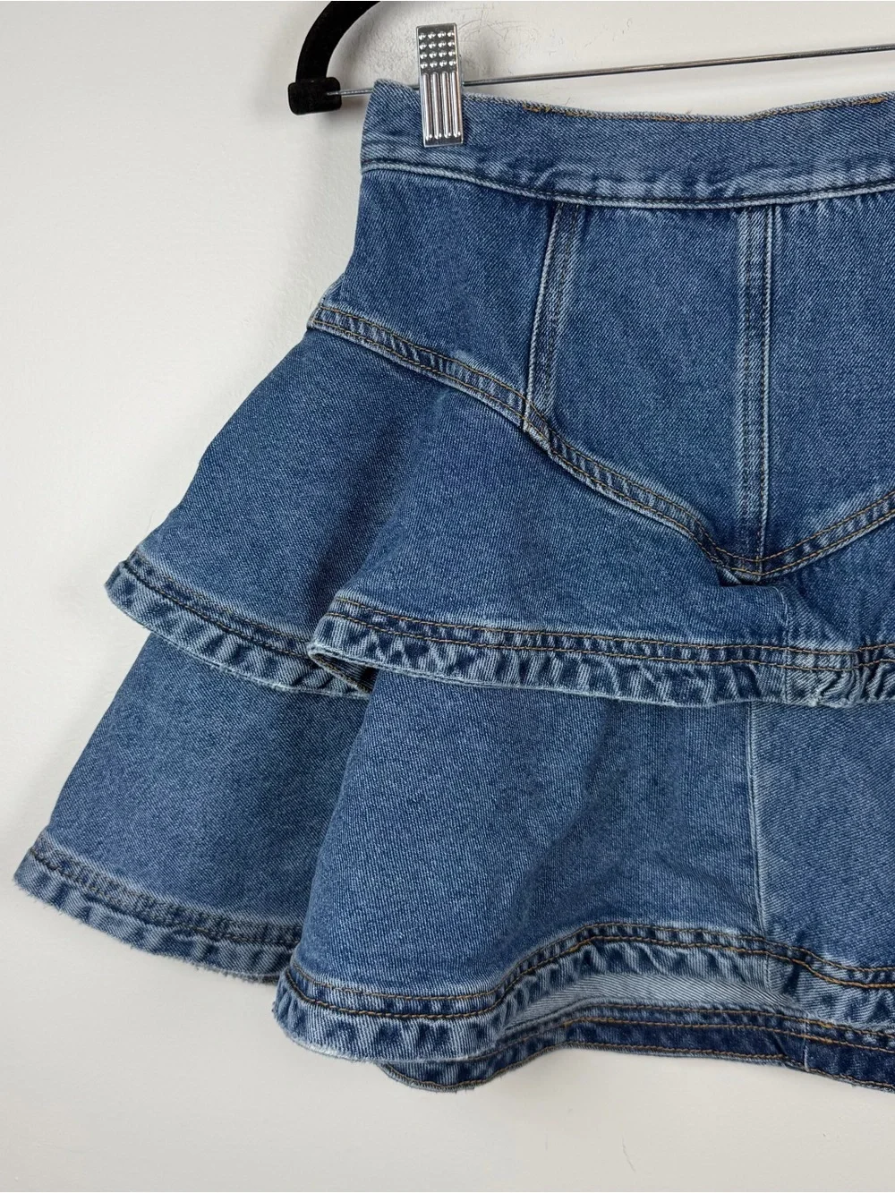 Pilcro Anthropology Yoked Ruffle Mini Denim Blue Jean Western Skirt Size 6